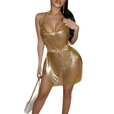 

Tregren Women Halter Mini Dress Side Slit Backless Bodycon Glitter Skirt for Night Clubs Bars