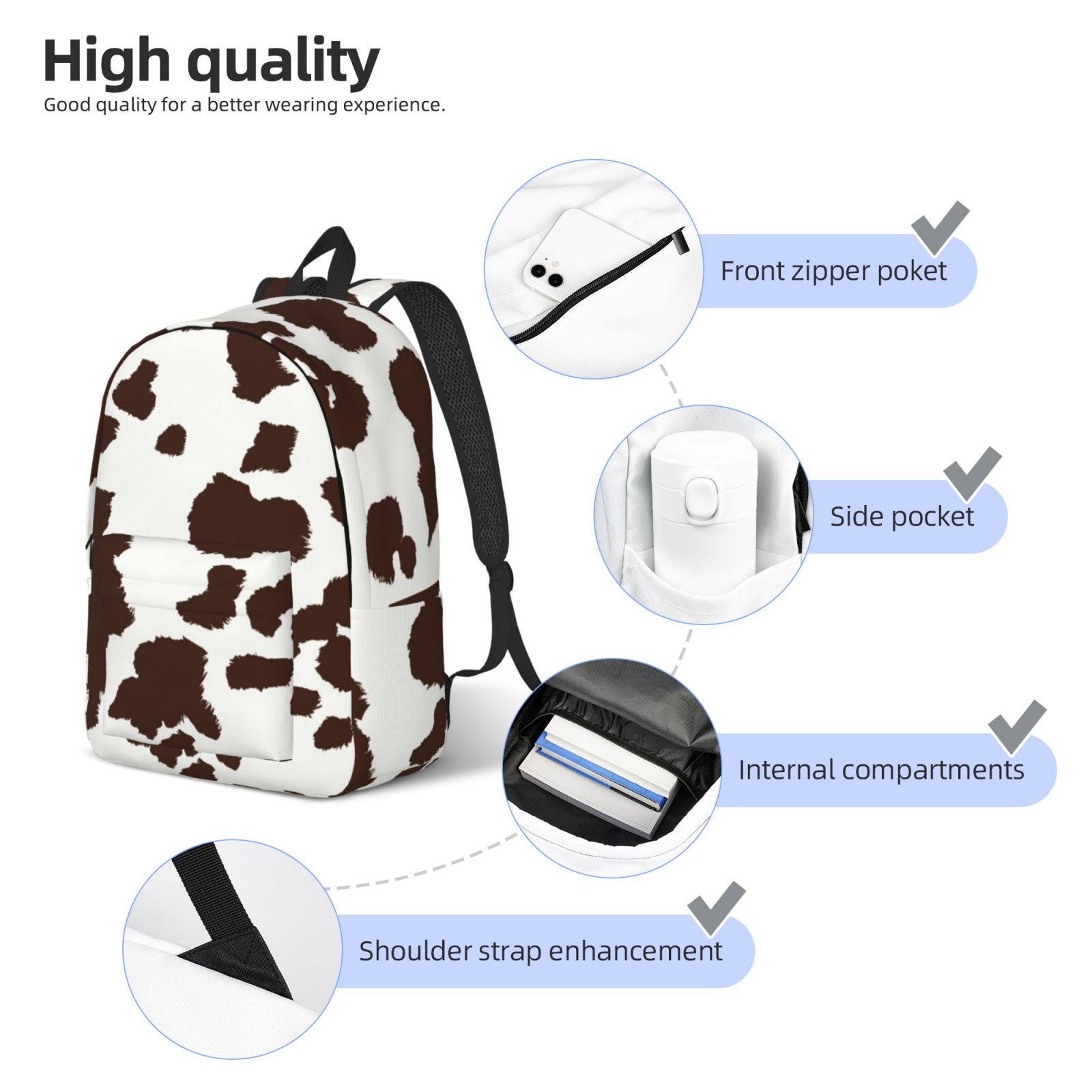 Picia Brown Cow Printed Canvas Daypack - Stylish and Durable Vintage Compact Backpack - Class, Work, Travel, or Laptop Bookbag,Organized Compartments-Medium