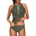 thumbnail image 2 of Women Two Piece Swimsuit Ruched High Neck Plunge Mesh Tankini Top Sets Swimwear, 2 of 7