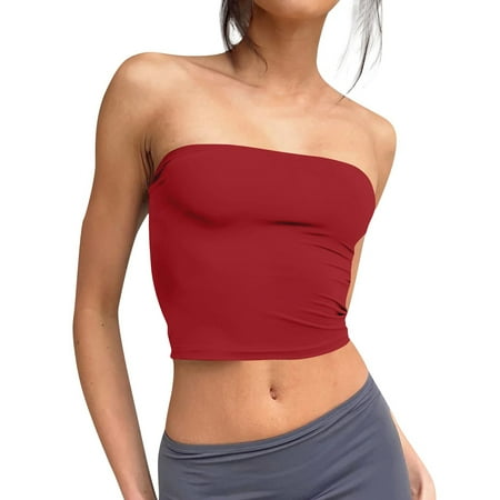 Kopltyrfg Women s Double Layered Basic Casual Strapless Backless Bandeau Bra Tube Top Wine M