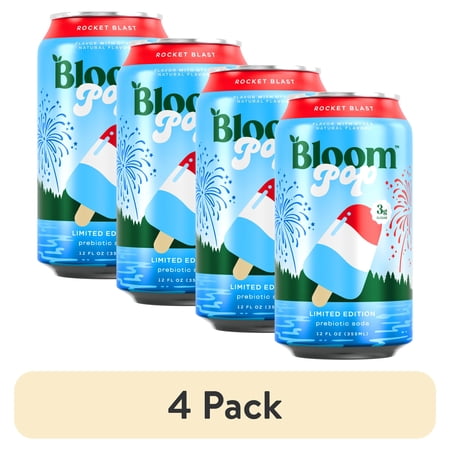(4 pack) Bloom Nutrition Pop Prebiotic Soda, Rocket Blast, 12 fl oz Can