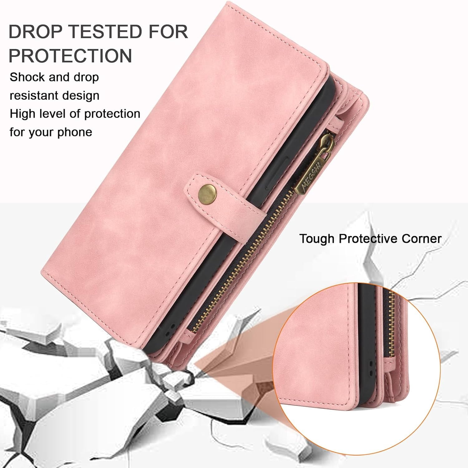 for Samsung Galaxy S21 5G Wallet Case, Detachable PU Leather Magnetic flip Phone Case Wallet with Card Holder Wrist Strap Zipper Wallet for Women/Men, S21 5G Phone Case 6.2inch(Pink)