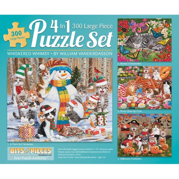 Bits and Pieces Whiskered Whimsy Seasonal Cat Theme 300 Large Pieces Jigsaw Puzzle Set 4-Pack