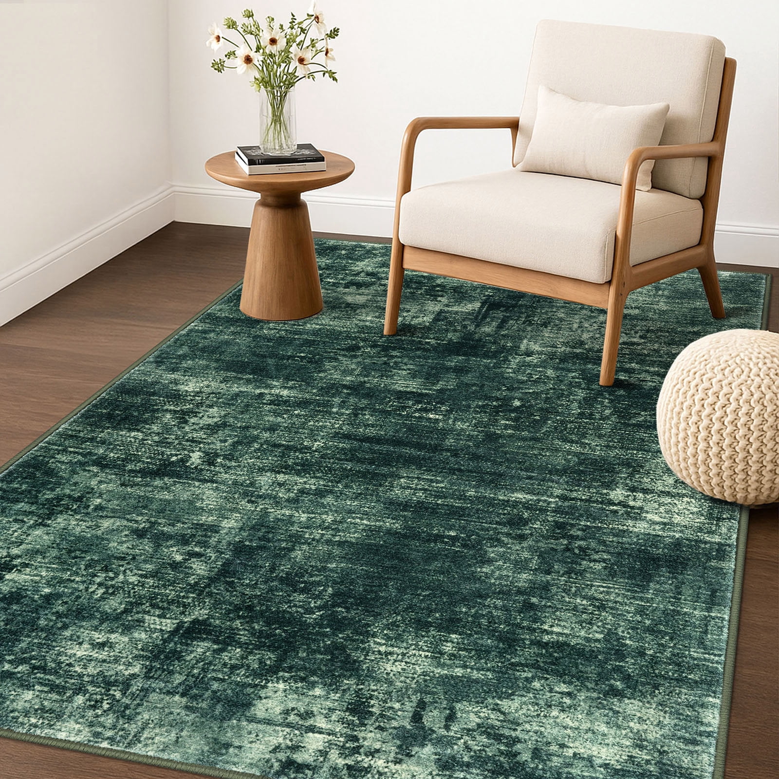 iOhouze Washable Rugs 3x5 ft Entryway Rugs Abstract Non Slip Area Rug Printed Faux Wool Soft Kitchen Rugs Indoor Rugs for Entrance Foyer Living Room Bedroom, Dark Green