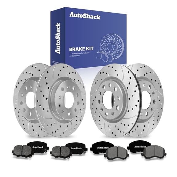 AutoShack Front Vented & Rear Solid Drilled & Slotted Coated Brake Rotors Silver Matte Finish   Premium Ceramic Pads 12-PC Brake Kit Replacement for 2015-2016 Chrysler 200 TurboGuard