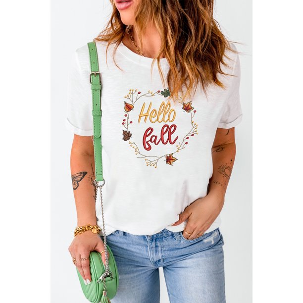ABPHQTO Camiseta gráfica de manga corta bordada blanca Hello Fall para mujer