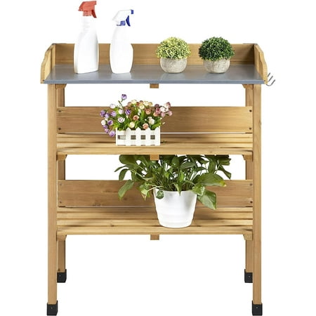 Outdoor Garden Potting Bench Table Wooden Horticulture Planting Worstation W/Metal Tabletop/Storage Shelf/3 Hooks, Natural Wood