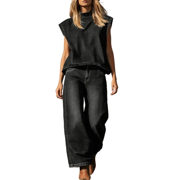 Miqool Women's 2-Piece Denim Outfits Sleeveless Round Neck Tops Wide Leg Jeans Casual Travel Matching Set with Pockets