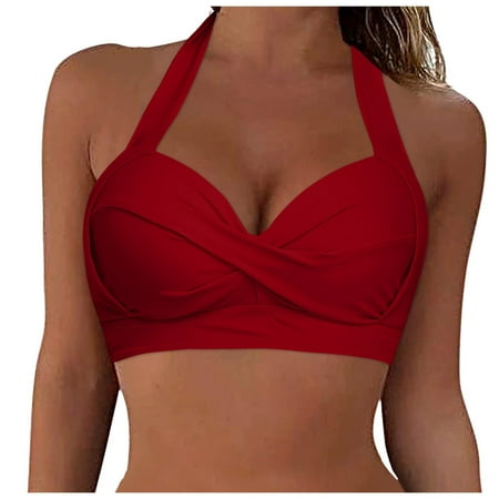TOWED22 Women Lace Up Bikini Top Push Up Swim Top Halter Retro Bathing Suit Top Padded Swimsuit Top Only( XXL)