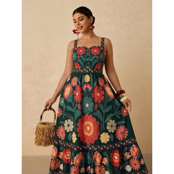 Dark Green Womens Floral Print Maxi Dress With Spaghetti Straps And Embroidered Detail