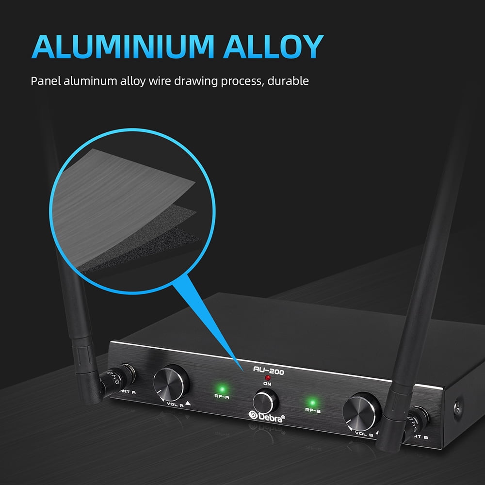 D Debra Audio AU200 Pro UHF 2 Channel Wireless Microphone System with Cordless Handheld Lavalier Headset Mics, Metal Receiver, Ideal for Karaoke Church Party (2 Bodypack)