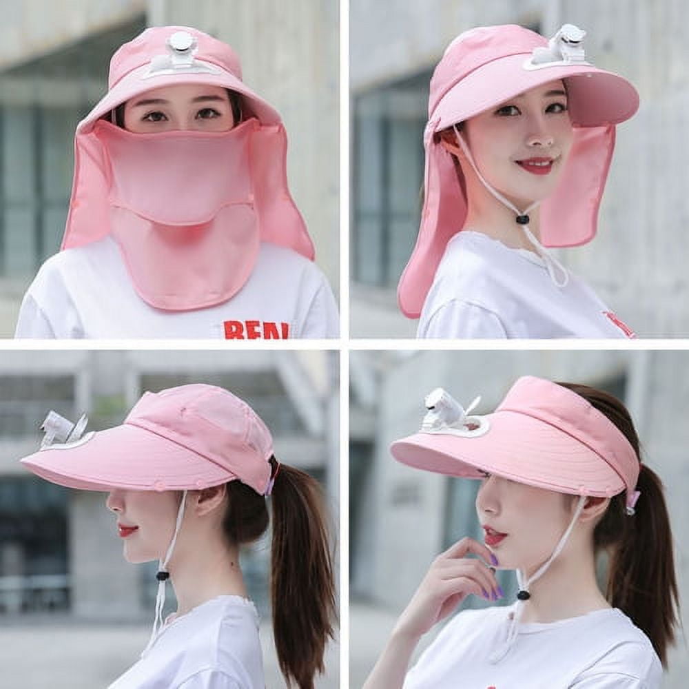 D-GROEE Women Sun Face Mask Visor Hat, Wide Brim Cap with Fan UV Protection  Foldable Hat with Detachable Adjustable Flaps 