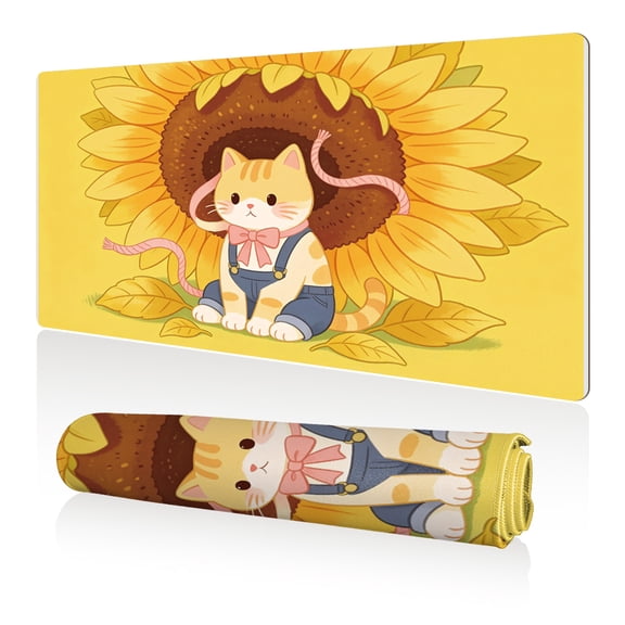 LIVEKEY Mouse Pad 80x40cm Extra Large Non Slip Stitched Edges Full Coverage Durable Easy Clean Cute Cat Sunflower Art for Gaming Office