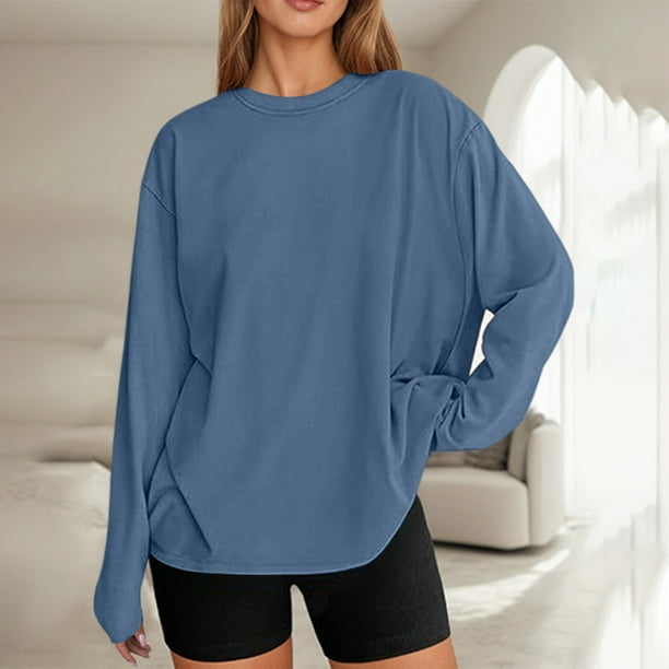 MHFRRA Camiseta de Manga Larga Oversize de Moda, Informal, Básica, con Cuello Redondo, para Uso Diario. Marina de Guerra