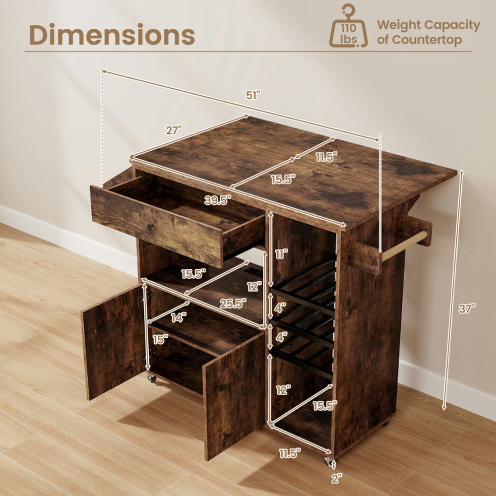 Finihen Rolling Cart, Kitchen Island Cart, Drop Leaf Mobile Kitchen Island Cart with Power Outlet and Adjustable Shelf, for Kitchen, Dining Room, Rustic Brown Finihen Rolling Cart, Kitchen Island Cart, Drop Leaf Mobile Kitchen Island Cart with Power Outlet and Adjustable Shelf, for Kitchen, Dining Room, Rustic Brown