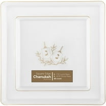 Combo Set 7.75 inch Salad Plates & 10.75" inch Square Plastic Plates Heavy Duty Hanukkah Dinner Plates with Clear Gold Chanukah Design Hanukkah Party Disposable China Like Plastic Dessert Plate (128)