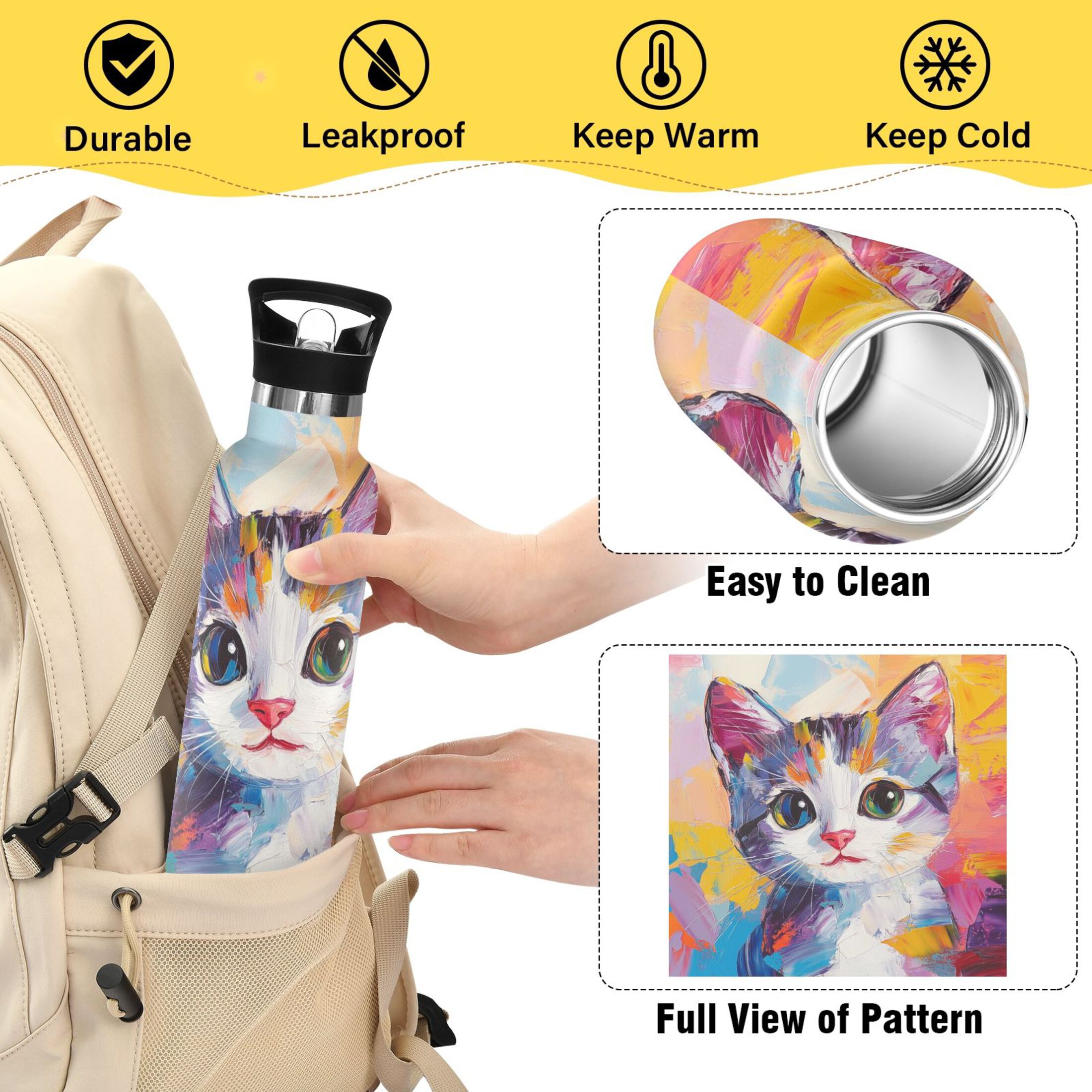600ML Stainless Steel Insulated Cup Sports Water Bottle Portable Thermos Cup Water Glasses Insulated Tumblers Convenient and Durable Oil Painting Colorful Cat