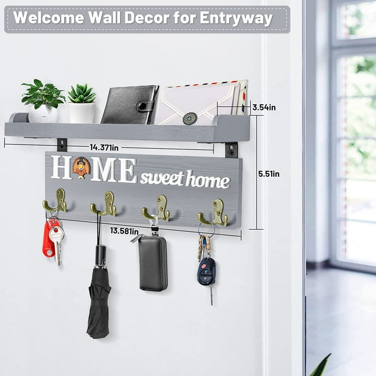 Key and Mail Holder for Wall Mail Organizer and Key Holder with Tray Wall Key Rack with 4 Dual Key Holder Solid Wood Key Holder for Country Home Decor for Entryway and