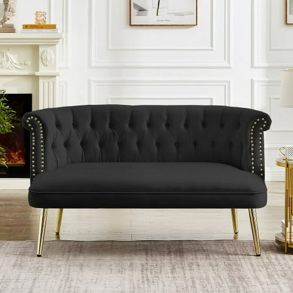 Leumiusa Modern Velvet Sofa with Nailhead Trims Arms, Upholstered Accent Sofa Couch, Black