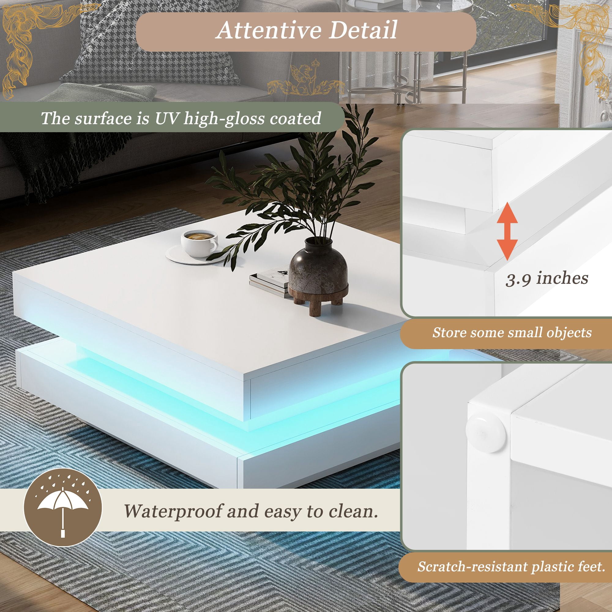 Aukfa Coffee Table with Plug-in 16-Color LED Lights for Living Room - White