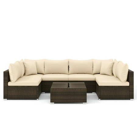 Topcobe 7 Pieces Patio Rattan Furniture Set with Sectional Sofa Cushions Outdoor Patio Furniture-Beige