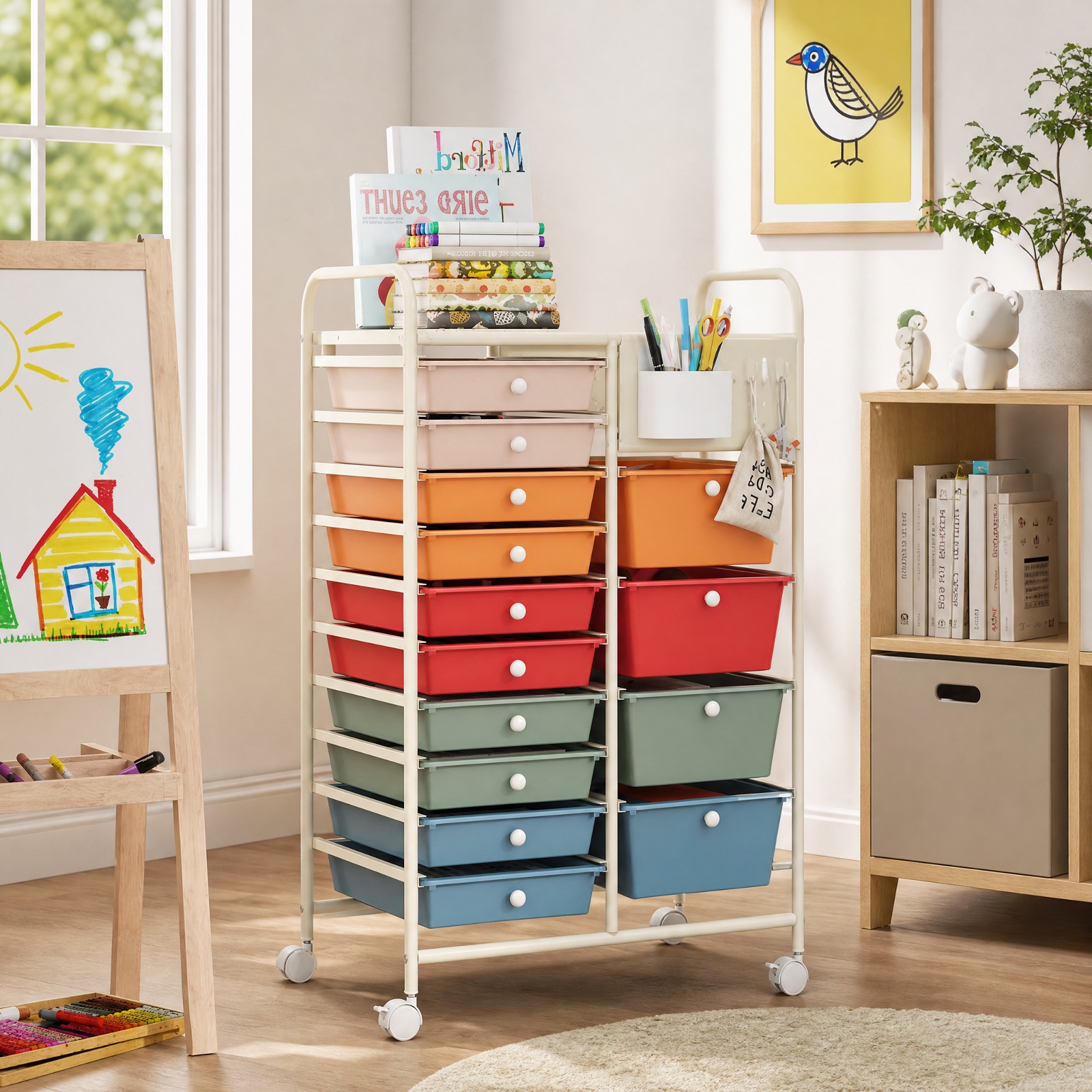 Furnibear 14 Drawer Rolling Storage Cart with Metal Tabletop Pegboard and Locking Wheels for Kitchen Office and Classroom Organizing, Macaron