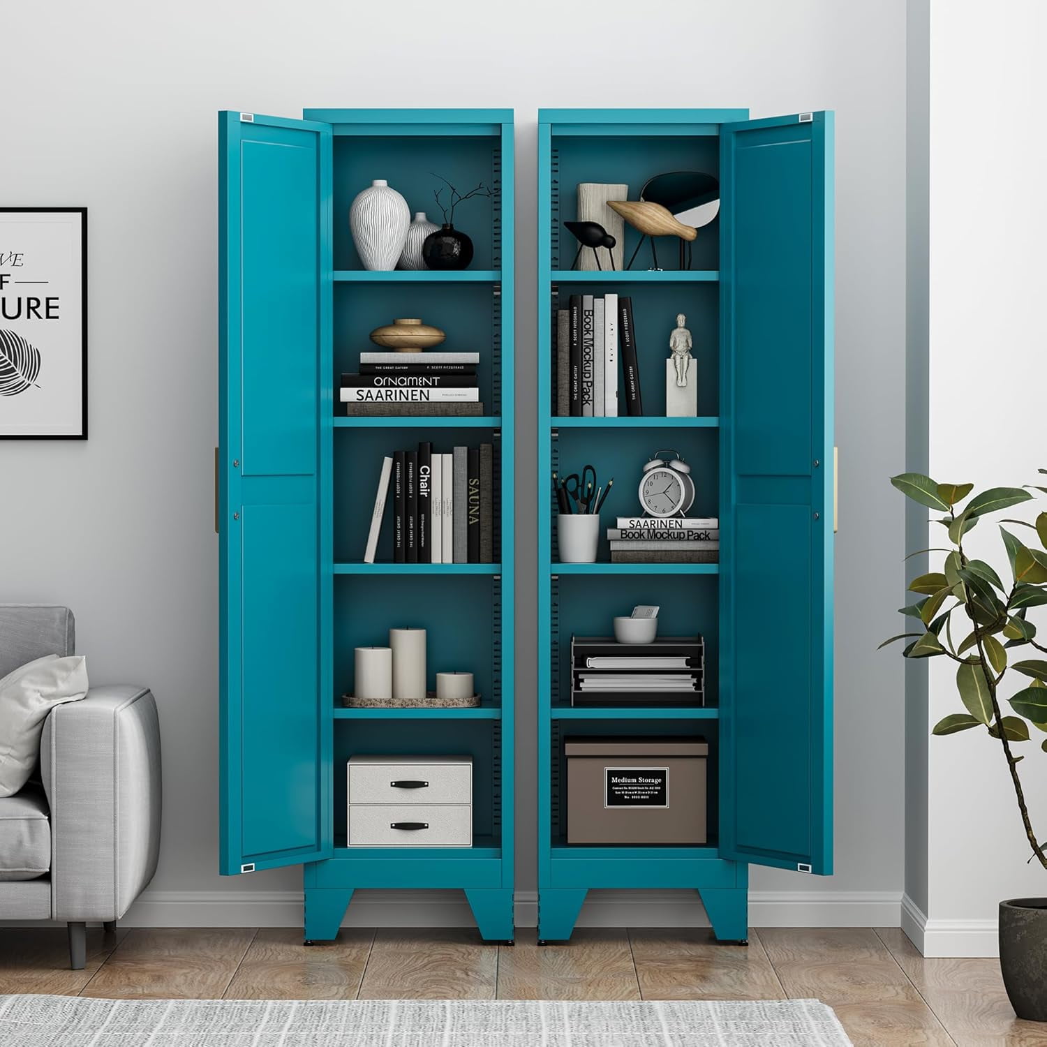 Elegant 67"H Tall Bathroom Cabinet,Narrow Metal Storage Cabinet with 5 Adjustable Shelves and Single Barn Door for Bathroom,Kitchen,Entryway,Blue