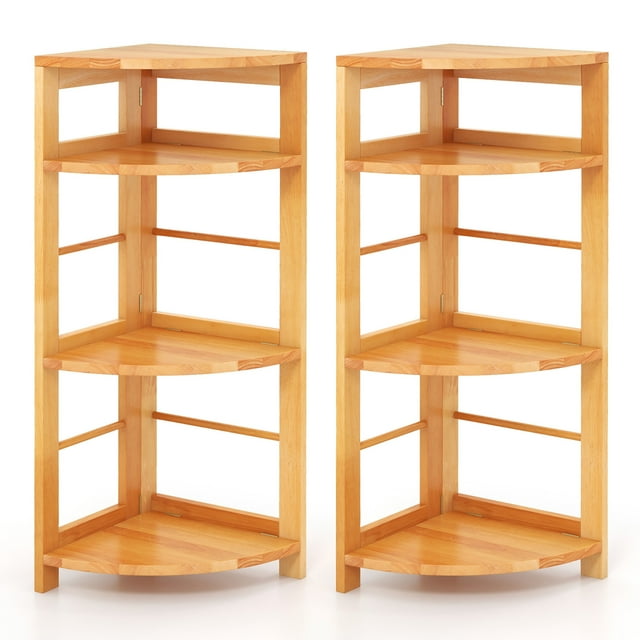 Gymax 2PCS 4-Tier Corner Shelf w/ Rubber Wood Frame Anti-Toppling Kit for Living Room