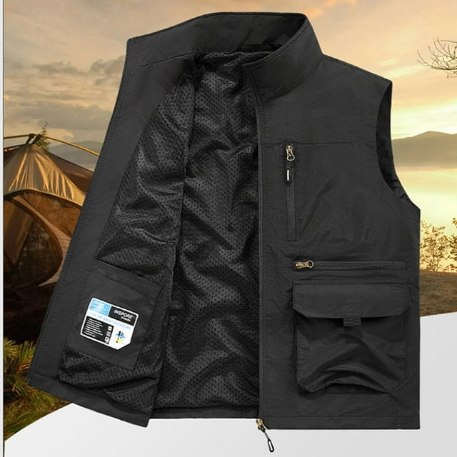 Camiseta sin mangas con cuello vuelto para hombre, informal, de color liso, con bolsillo y solapa, sin mangas, fina, para exteriores, con múltiples bolsillos, de poliéster.