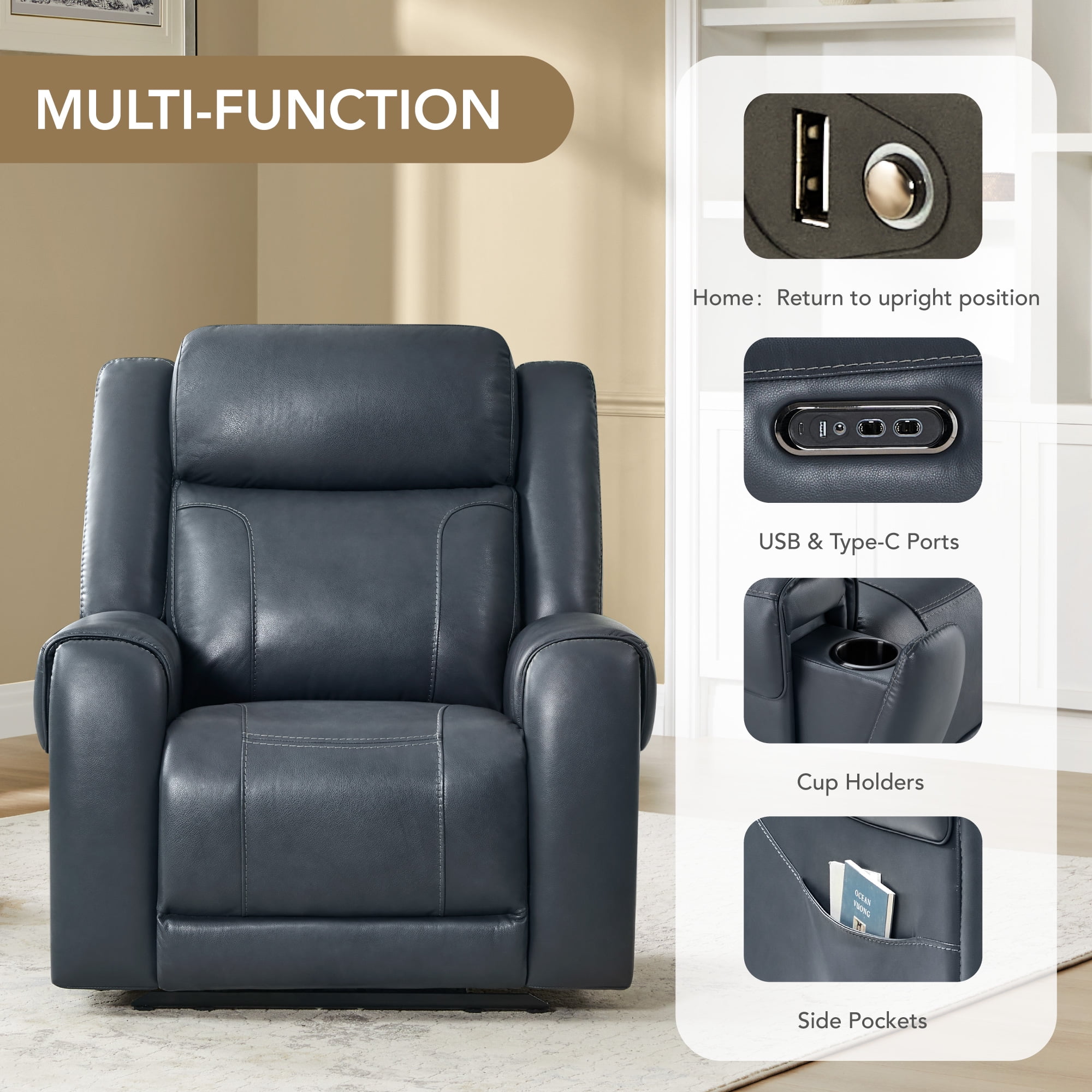 Spruce & Spring Wall Hugger Genuine Leather Power Recliner with Headrest, Navy