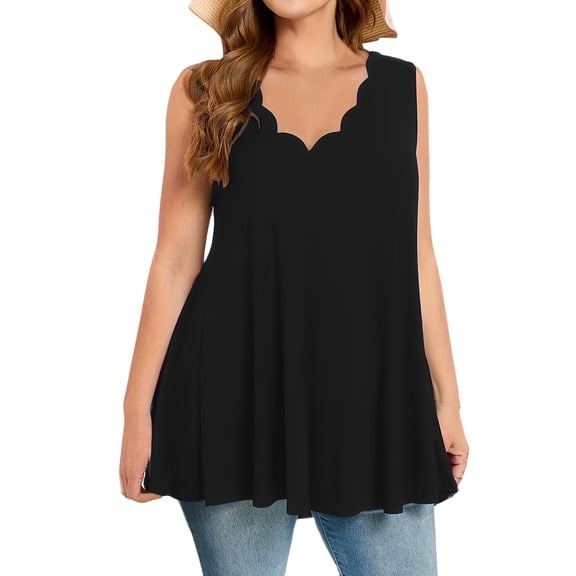 ZHYou No Boundrie Plus Size Women's Sleeveless V Neck Tank Tops Scalloped Edge Trim Loose Fit Flowy Swing Summer Pullover Blouses Black Size 2XL