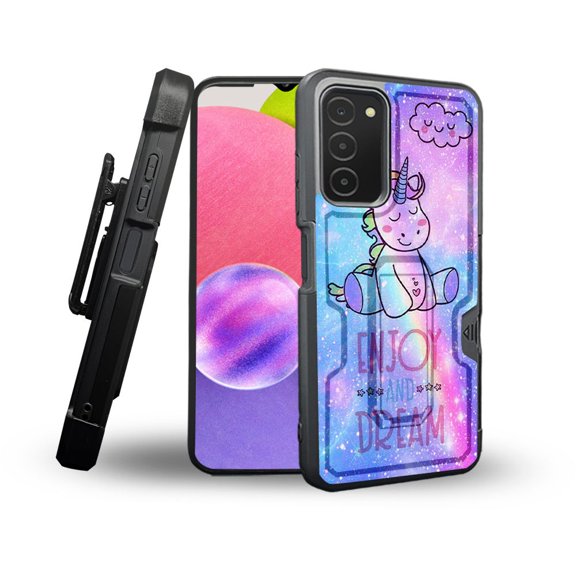 ANJ  Rugged Shockproof Holster Case Card Slot Kickstand   Tempered Glass Cover for Samsung Galaxy A03s - Cartoon Unicorn
