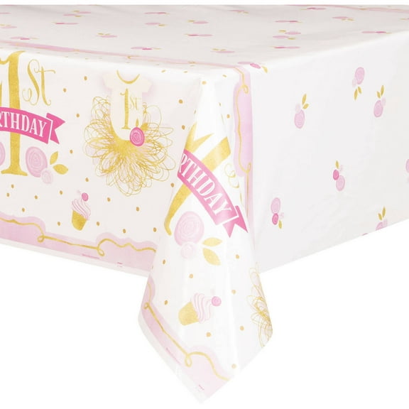 Unique Pink and Gold Girls First Birthday Plastic Table Cover, 84" x 54"