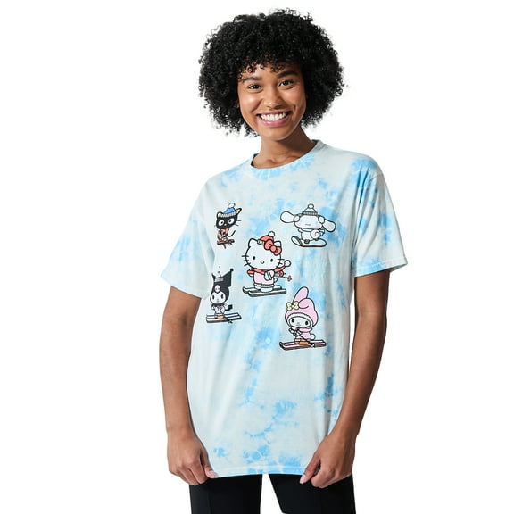 Hello Kitty & Friends Characters Skiing Women's Blue Cloud Wash Crew Neck Short Sleeve T-shirt-Medium
