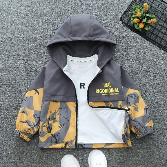 ATOGUTA Boys Girls Outdoor Fleece Lined Light Windproof Jacket with Hood Yellow, Size 3T-15