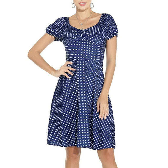 WILLBEST Vestidos Casuales Border Independent Station - Vestido Nuevo para Mujer con Cuello Cuadrado, Manga Corta Abullonada, Elástico, Fruncido, Ajustado, Estampado de Vuelo Grande Chica