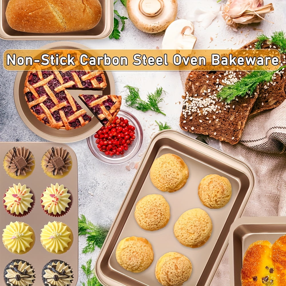 Bakeware Set Baking Pan Set Non-Stick Kitchen Oven Round/Square Cake Pan, Muffin Pan, Baking Pan, Cookie Sheet Set Baking Supplies Christmas Gold black