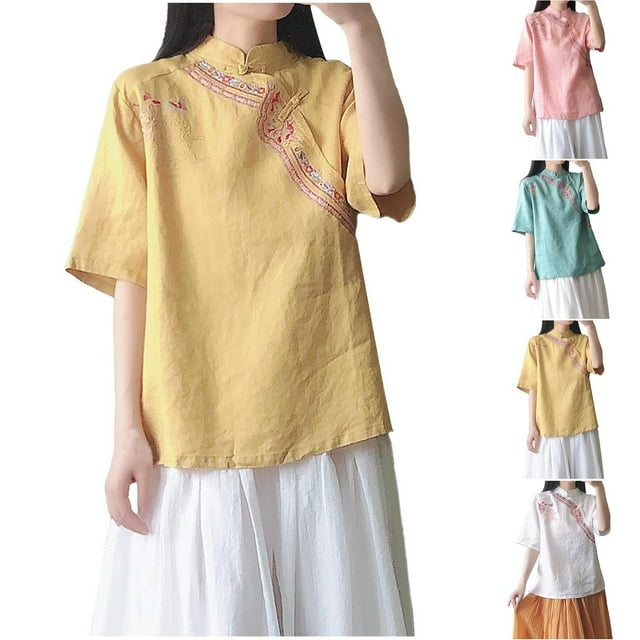 Eryao Cotton Linen Shirts for Women Summer Vintage Chinese Style Frog Button Blouses 3/4 Sleeve Boho Embroidered Tops,Green,XL
