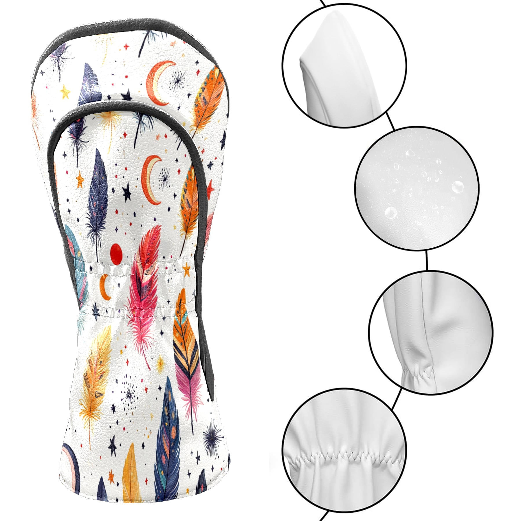 Golf Club Covers PU Leather Waterproof Head Covers for Fairway Woods Hybrids Colorful Feathers