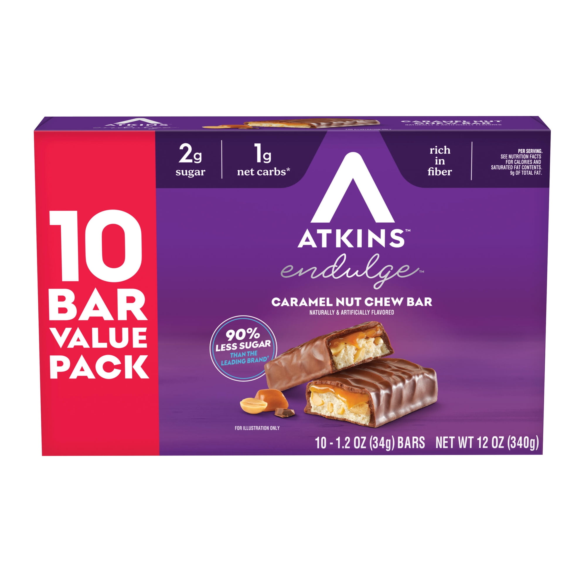 Atkins Endulge Treats, Caramel Nut Chew Bars, Low Sugar Snacks, Dessert Bars, Good Source of Fiber, 10 Count (Value Pack)