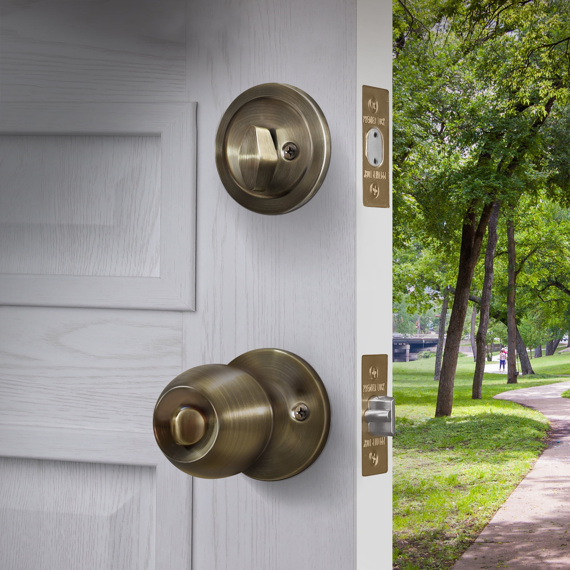 Antique Brass Entry Lock Set Door Knob & Deadbolt Keyed Alike SC1 Keyway (Set of 6). 36 Total Keys, Keyed Alike by Set