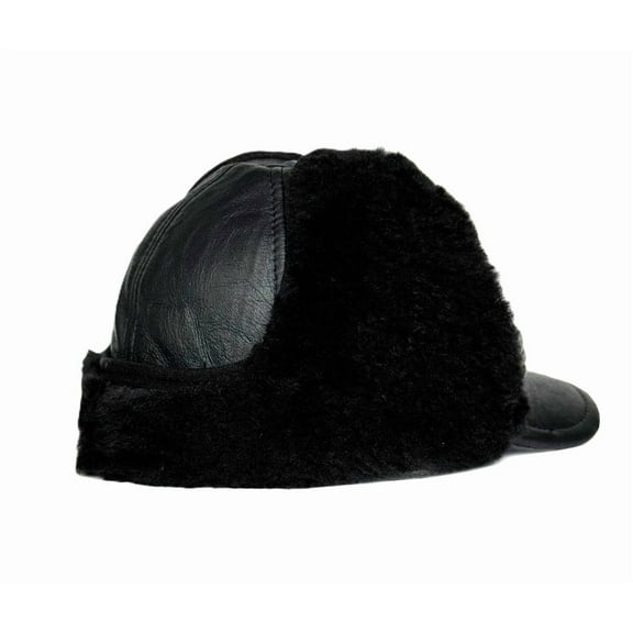 Men’s Shearling Leather Trapper Hat – Aviator Winter Cap with Genuine Sheepskin Ear Flaps | Cold Weather Leather Cap (US, Alpha, Large, Black/Brown Fur)