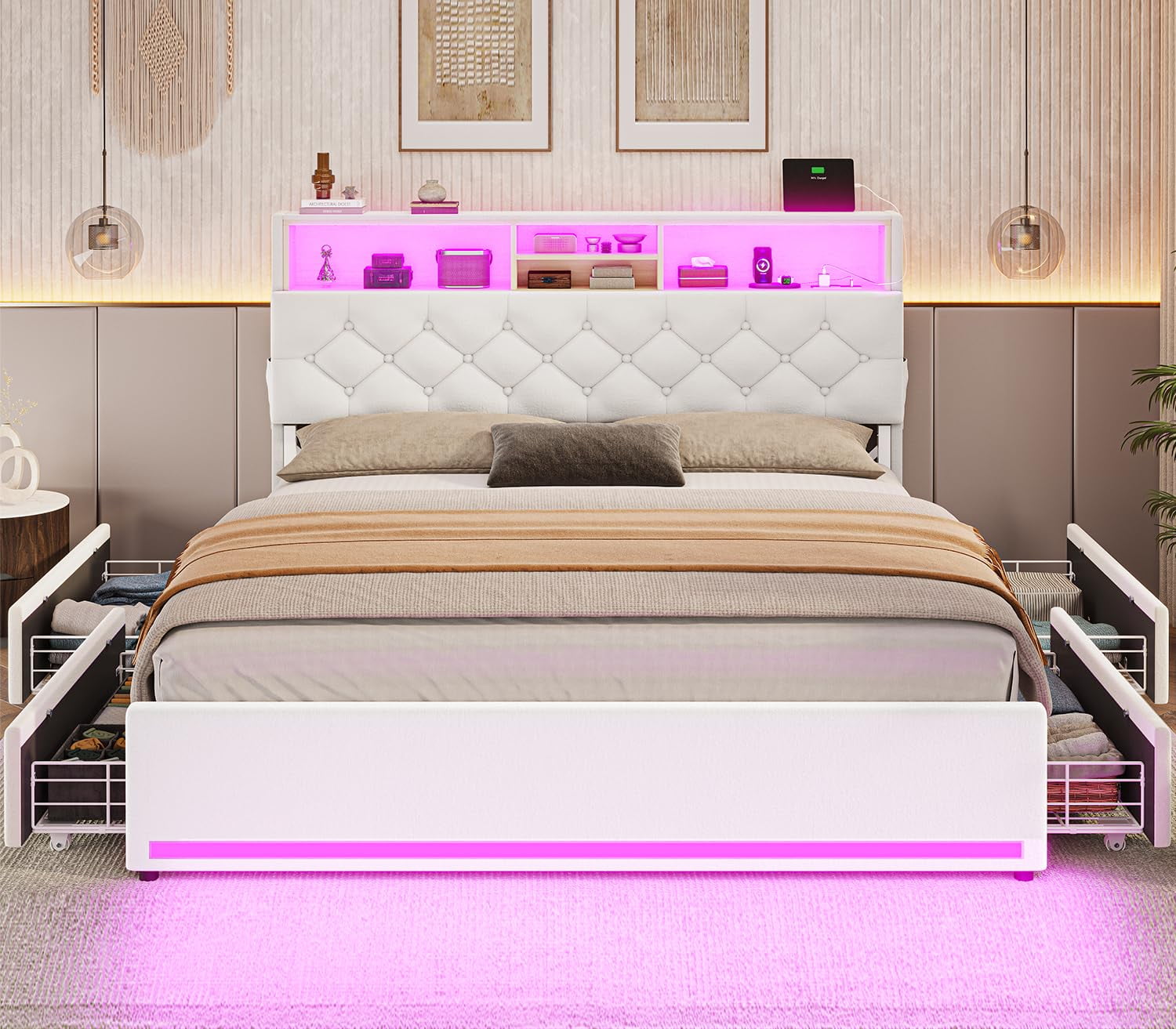 Full Size Bed Frame with Bookcase Headboard & 4 Storage Drawers,LED Bed Frame with Charging Station-Power Outlet, Modern Velvet Upholstered Platform Bed,No Box Spring Needed, Creamy White