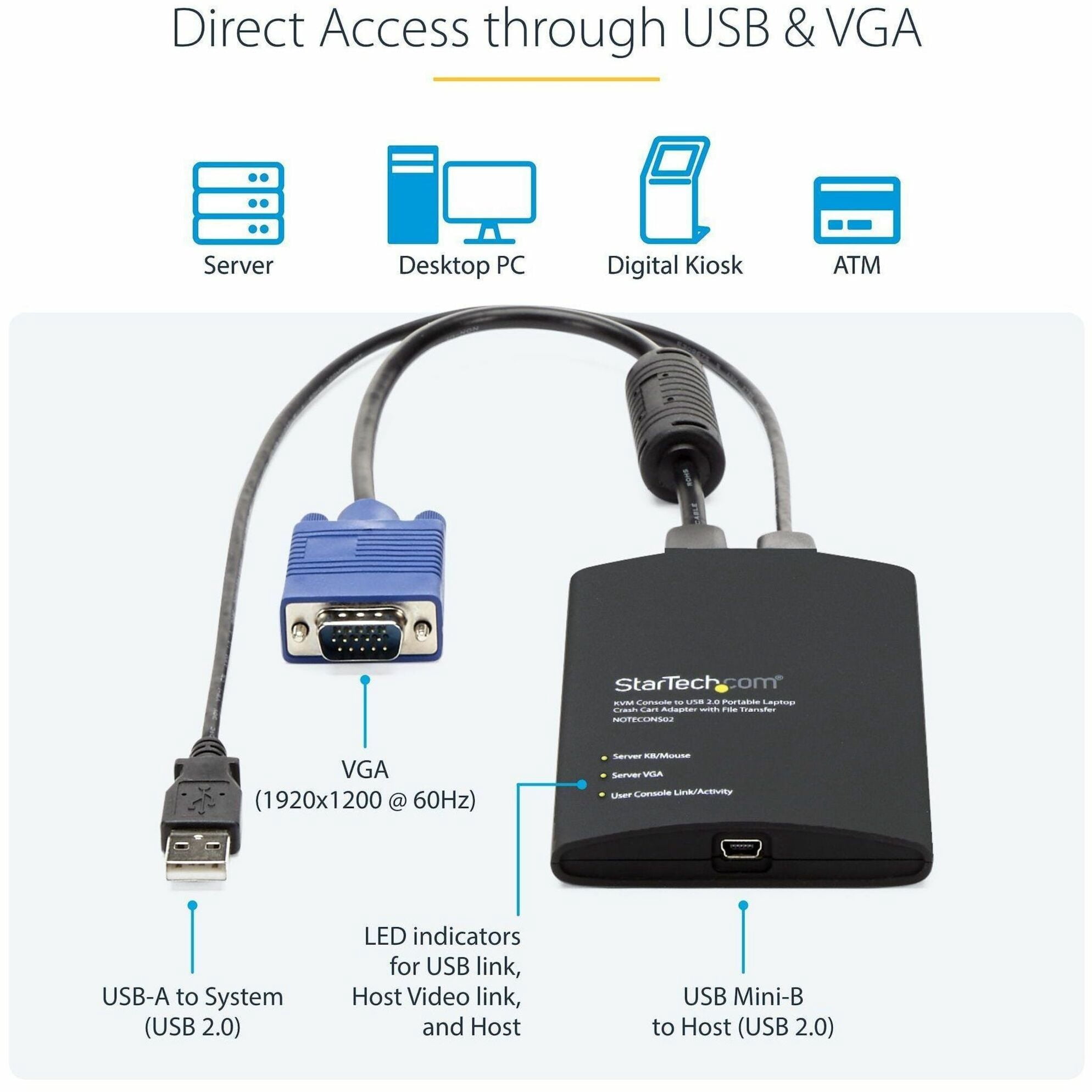 StarTech USB Crash Cart Adapter - File Transfer & Video - Portable Server Room Laptop to KVM Console Crash Cart