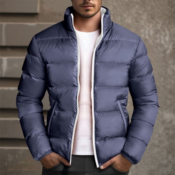 gbyLJF Men's Lightweight Zipper Down Jackets Winter Long Sleeve Solid Color Coats Casual Stand Up Coolar Puffer Jacket with Pockets