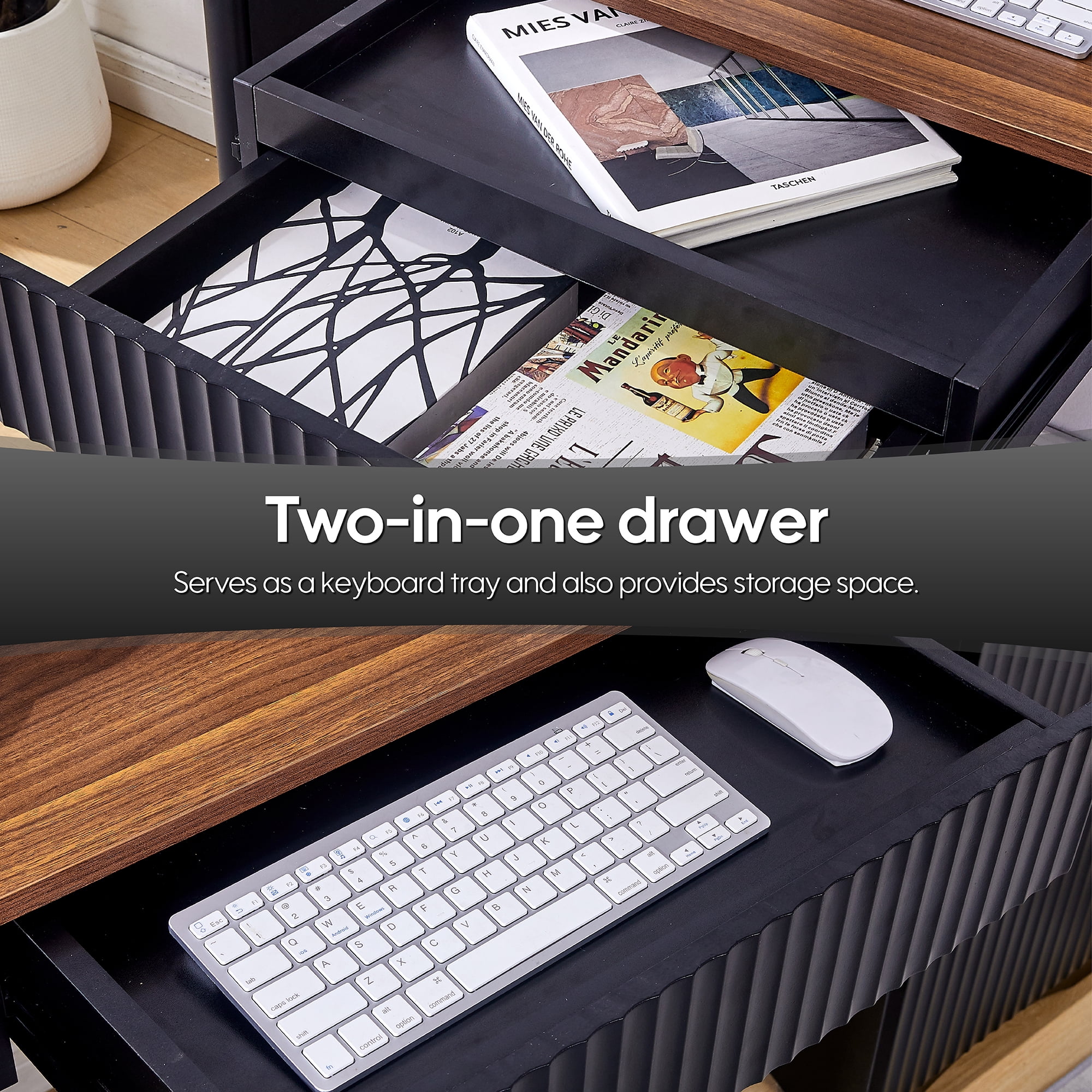 Haooyeah 55 Inch Black Computer Desk with Charging Station, Adjustable File Cabinet, Open Storage, Vertical Fluted 2-in-1 Keyboard Tray Drawer