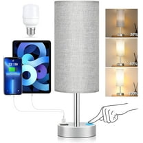 Table Lamp, 3 Way Dimmable Light Touch Lamp, USB C&A Fast Charging Ports, Fabric Shade Silver Base Lamp, for Bedroom, Living Room, Office, Dorm
