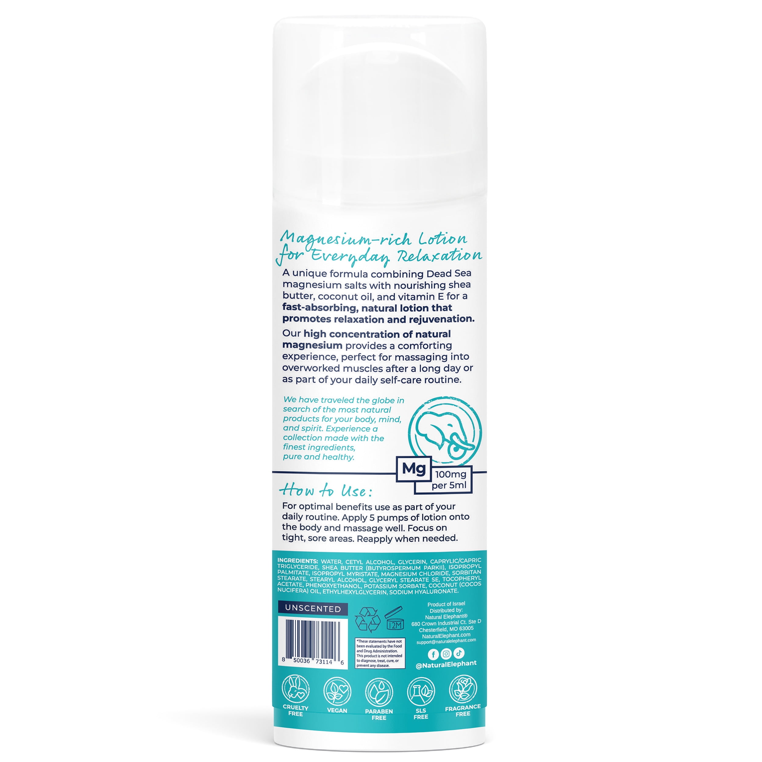Natural Elephant Dead Sea Magnesium Lotion – Unscented Body Moisturizer | Topical Magnesium with Dead Sea Minerals – 5 oz (150 ml)