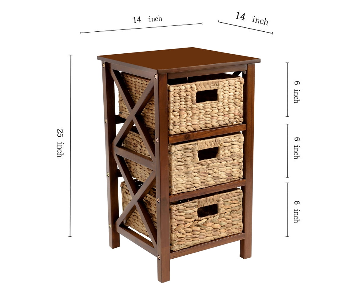 eHemco 3 Tier X-Side End Table Side Table Storage Cabinet with 3 Natural Water Hyacinth Wicker Baskets for Living Room, Walnut