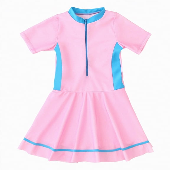 mgoYE Swimsuit for Girls 10 12 Teen Girls One Piece Short Sleeve Swim Dress Rash Guard Bathing Suit Skirted Zip Front Swimwear 3-12t(Pink,11-12 Years)